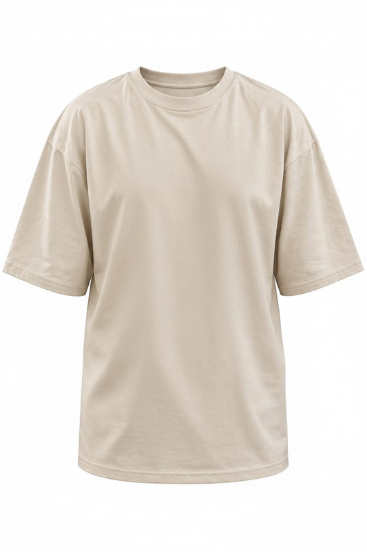 Pairfit beige crew neck short sleeve t-shirt with a relaxed drop shoulder fit in premium breathable fabric