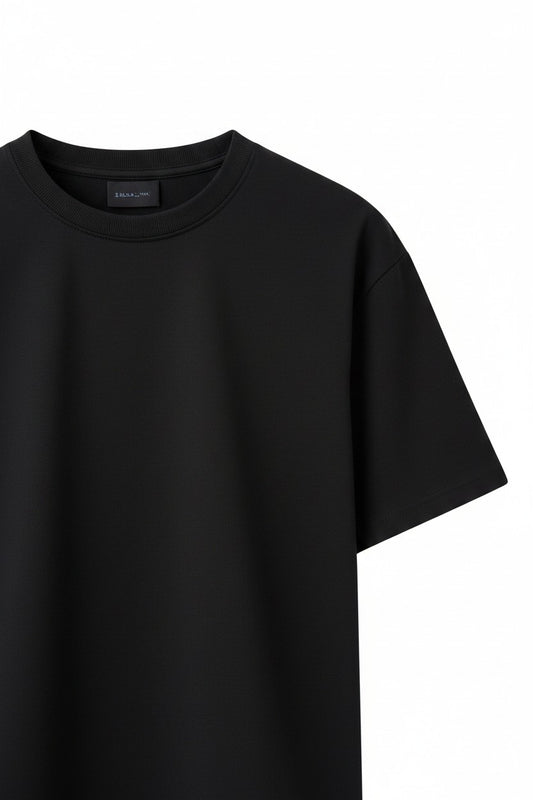 Pairfit black crew neck short sleeve t-shirt with a minimalist drop shoulder design and premium fabric construction.