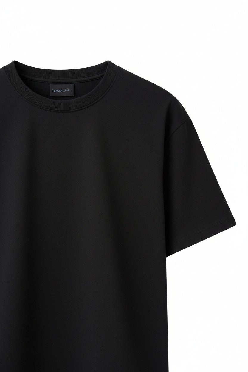 Pairfit black crew neck short sleeve t-shirt with a minimalist drop shoulder design and premium fabric construction.