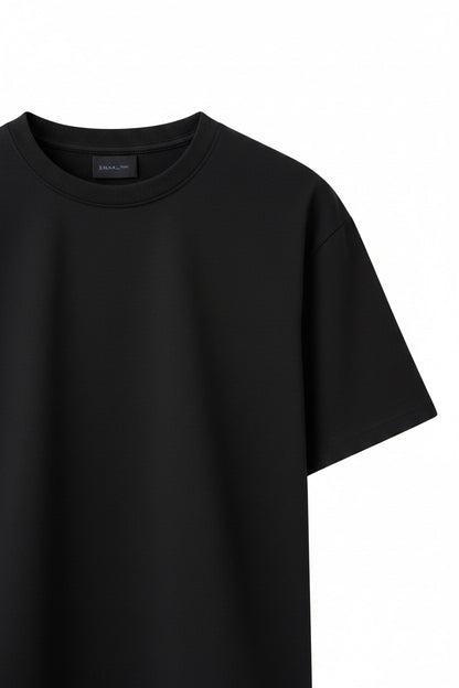 Pairfit black crew neck short sleeve t-shirt with a minimalist drop shoulder design and premium fabric construction.