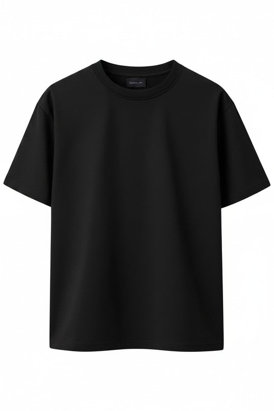 Pairfit black crew neck short sleeve t-shirt with a minimalist drop shoulder design in breathable fabric